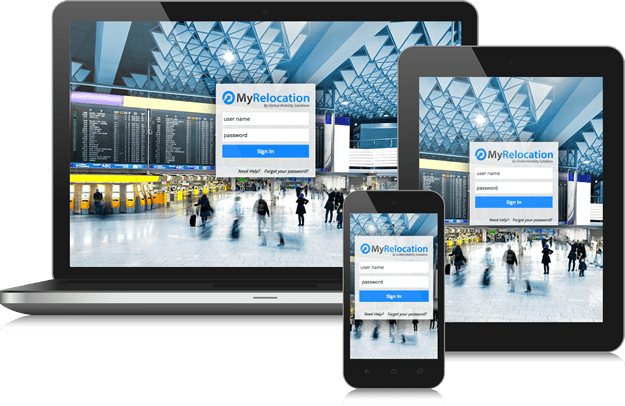 MyRelocation sign-in screen shown on a laptop, tablet and phone