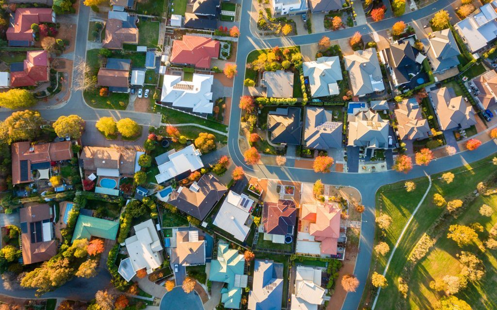 Aerial view of a residential neighborhood in autumn