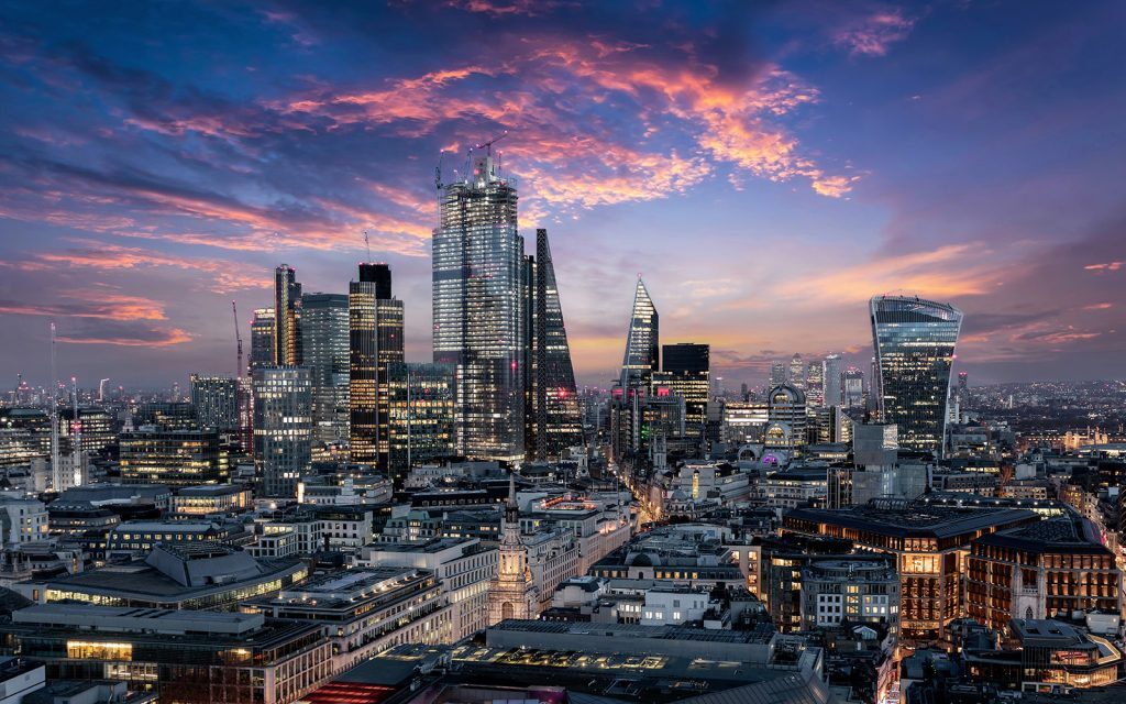 Metropolitan cityscape at sunset