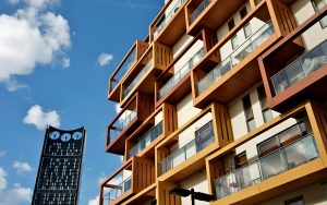 Modern apartment building with wooden balconies