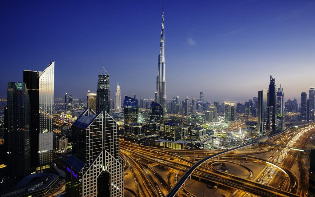 Dubai skyline at dusk with the Burj Khalifa