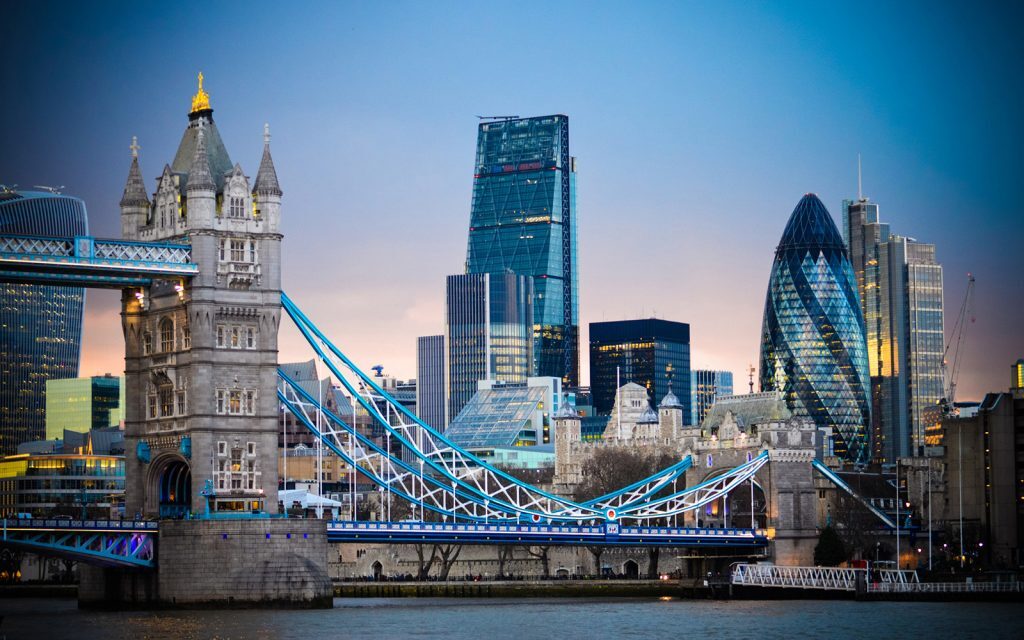 London skyline at dusk with Tower Bridge and the Gherkin