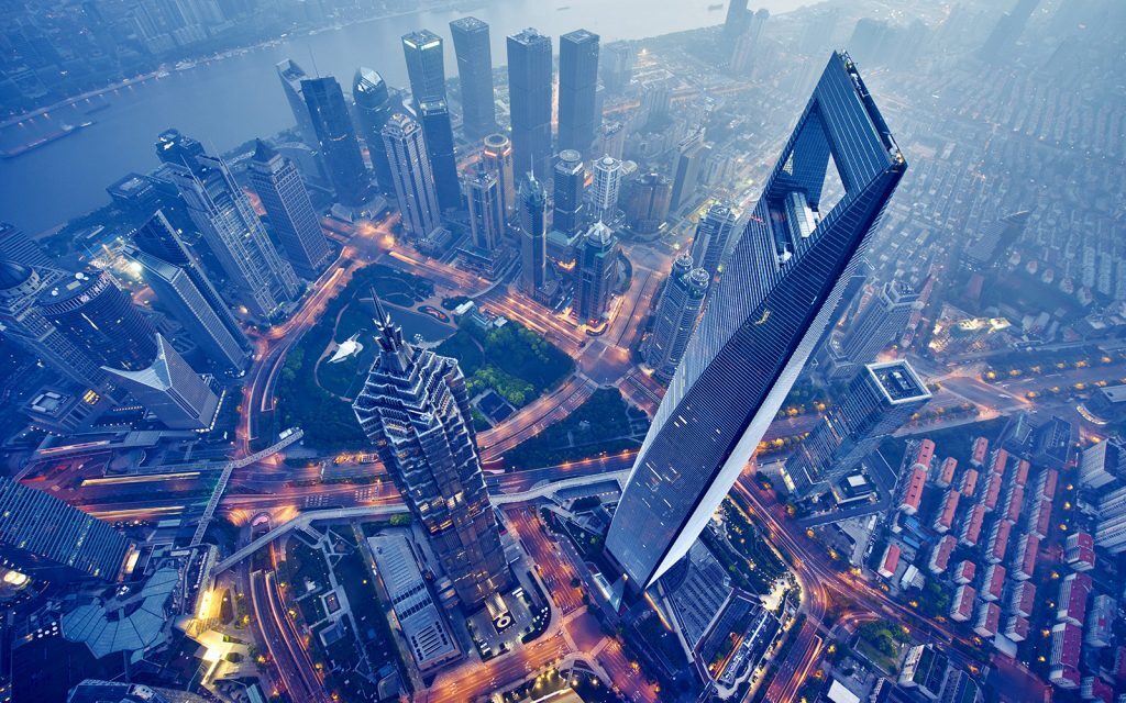 Aerial view of Shanghai skyscrapers at night