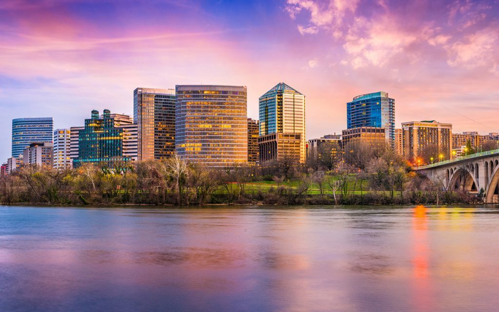 Rosslyn, Virginia skyline at sunset across the Potomac River
