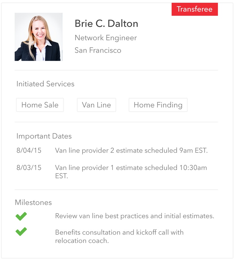MyRelocation transferee profile showing services, key dates and milestones
