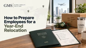 Employee welcome folder with a relocation timeline checklist, holiday ornament and moving box on a desk