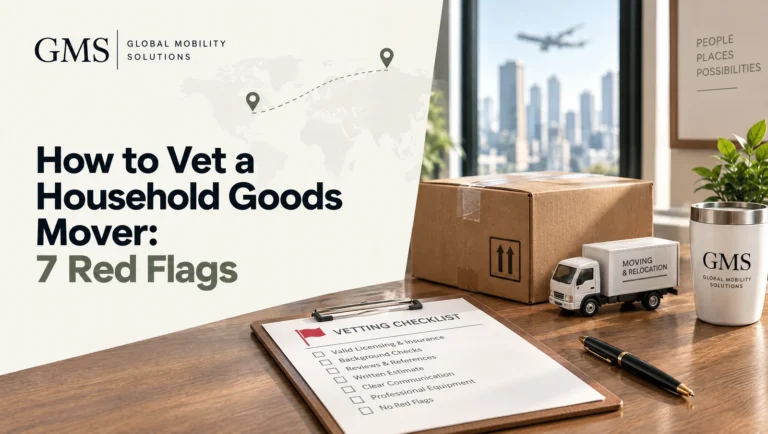 Mover vetting checklist with red flag, taped moving box and toy moving truck on a desk