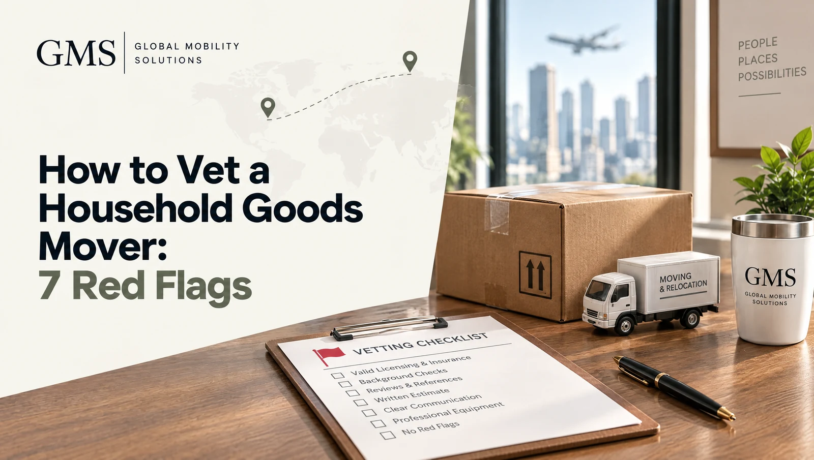 Mover vetting checklist with red flag, taped moving box and toy moving truck on a desk