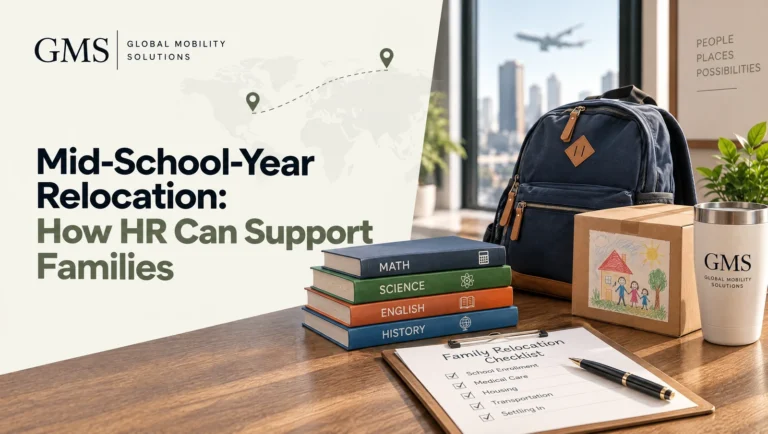 School backpack, textbooks and family relocation checklist beside a moving box with a child's drawing