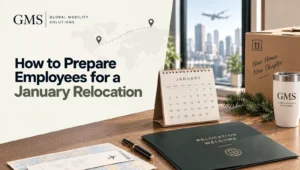 January desk calendar, relocation welcome folder and moving box with an evergreen sprig