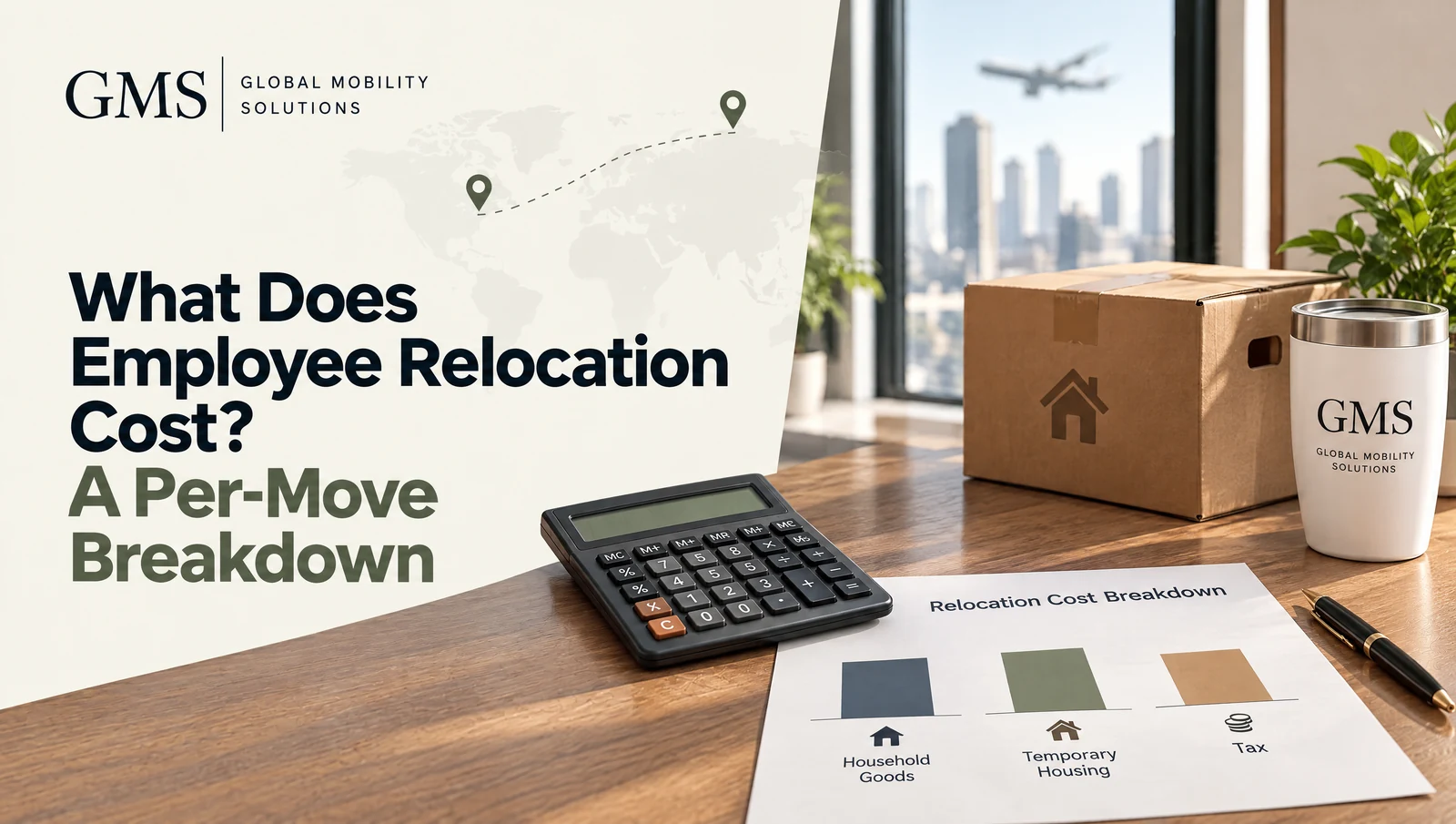 Calculator, moving box and relocation cost breakdown chart for household goods, temporary housing and tax