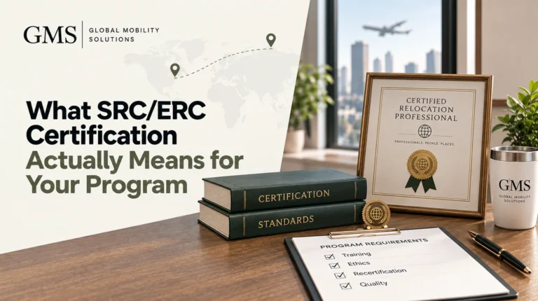 Framed relocation certification with standards books and a program requirements checklist on a desk