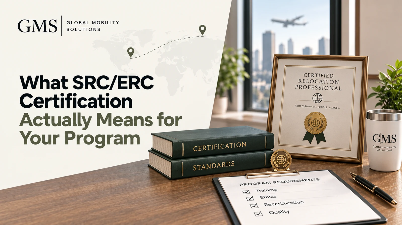 Framed relocation certification with standards books and a program requirements checklist on a desk